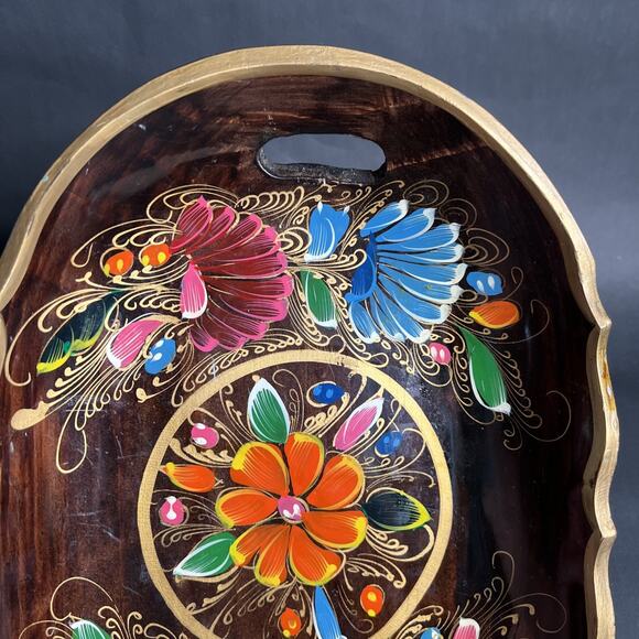 Vintage Mexican Batea Tray – Hand-Painted Wood Folk Art  Floral Serving Dish VTG - Picture 6 of 14